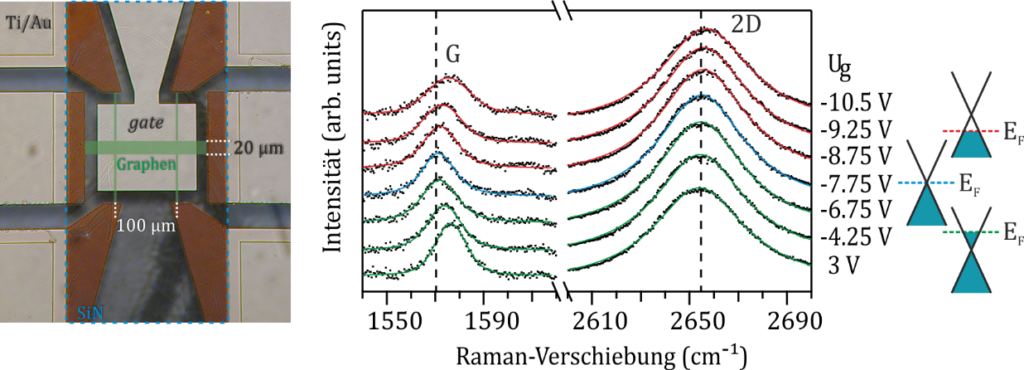 left: microsopic image of a Graphene field effect transistor using Silicon Nitride as the gate dielectric and Ti/Au-Electrodes. Right: Raman-Spectra for different values of Gate voltage used to control the doping of Graphene.